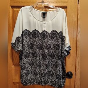 NWT Lane Bryant Cream With Black Lace Print Dolman Blouse, Elastic Hem
